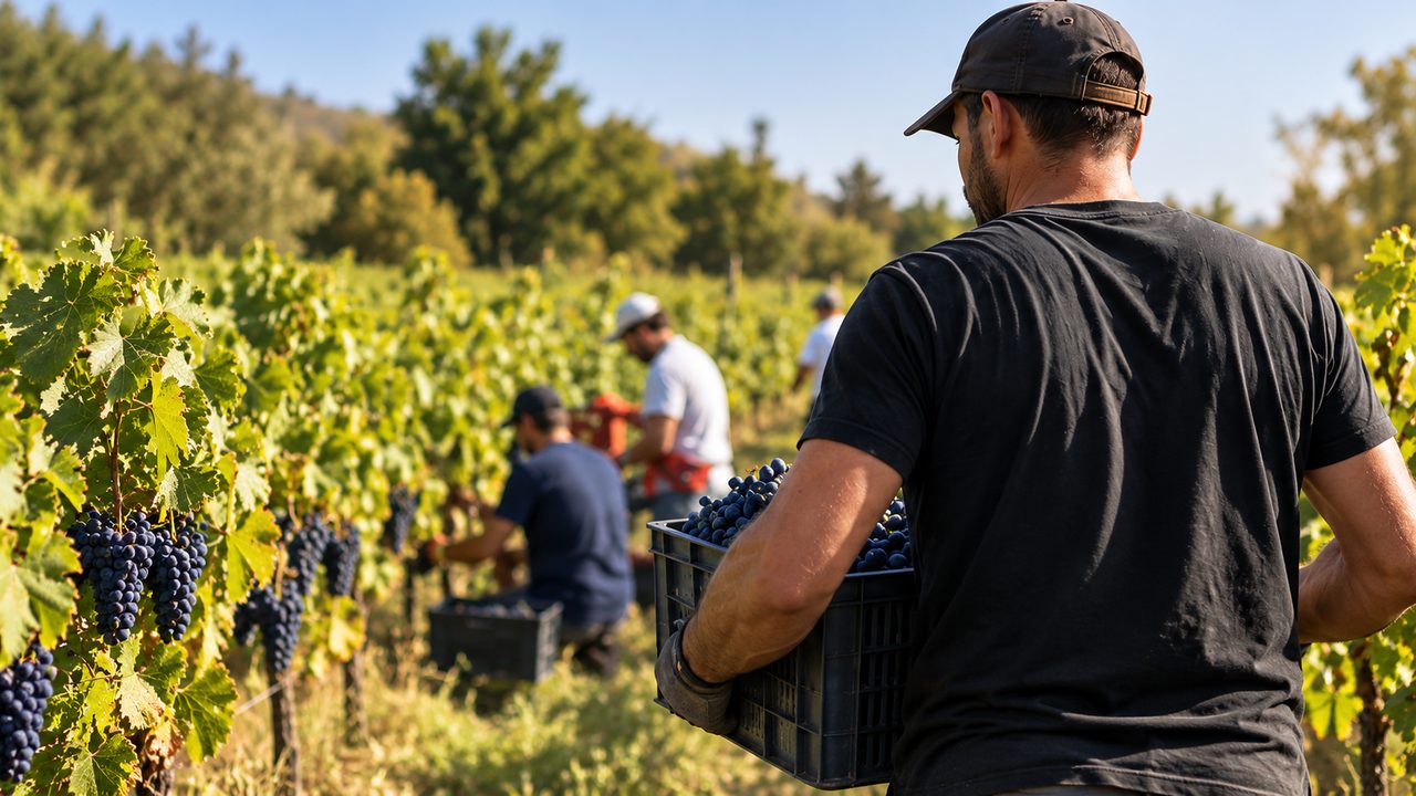 Équipe de vendangeurs portant des caisses de raisin entre les rangs
