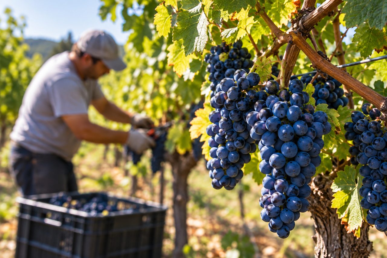 Grappe de raisin noir sur le cep, coupeur au travail en arrière-plan