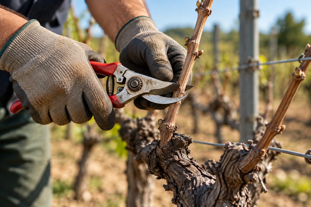 Taille d'hiver d'un pied de vigne au sécateur, gants de travail