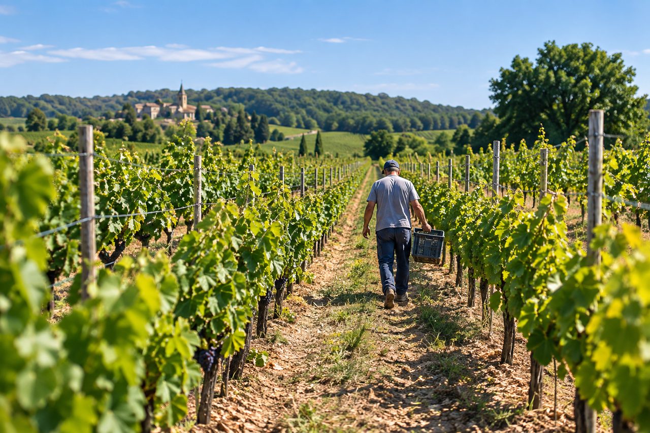 Vendangeur emportant une cagette de raisin entre deux rangs de vigne, village en arrière-plan